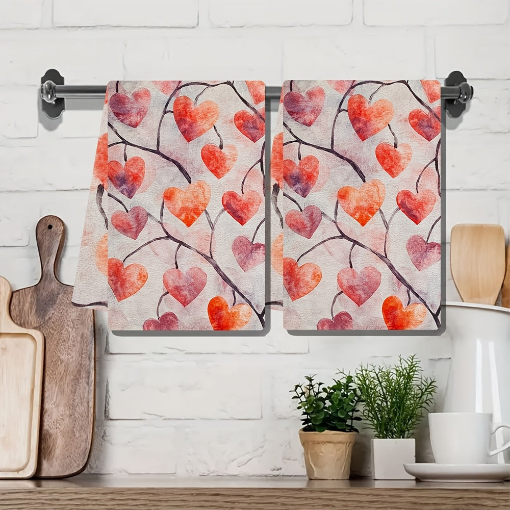 Valentine's Heart Kitchen Towels Set of 2 Soft Absorbent Dish Hand Towels Red Pink