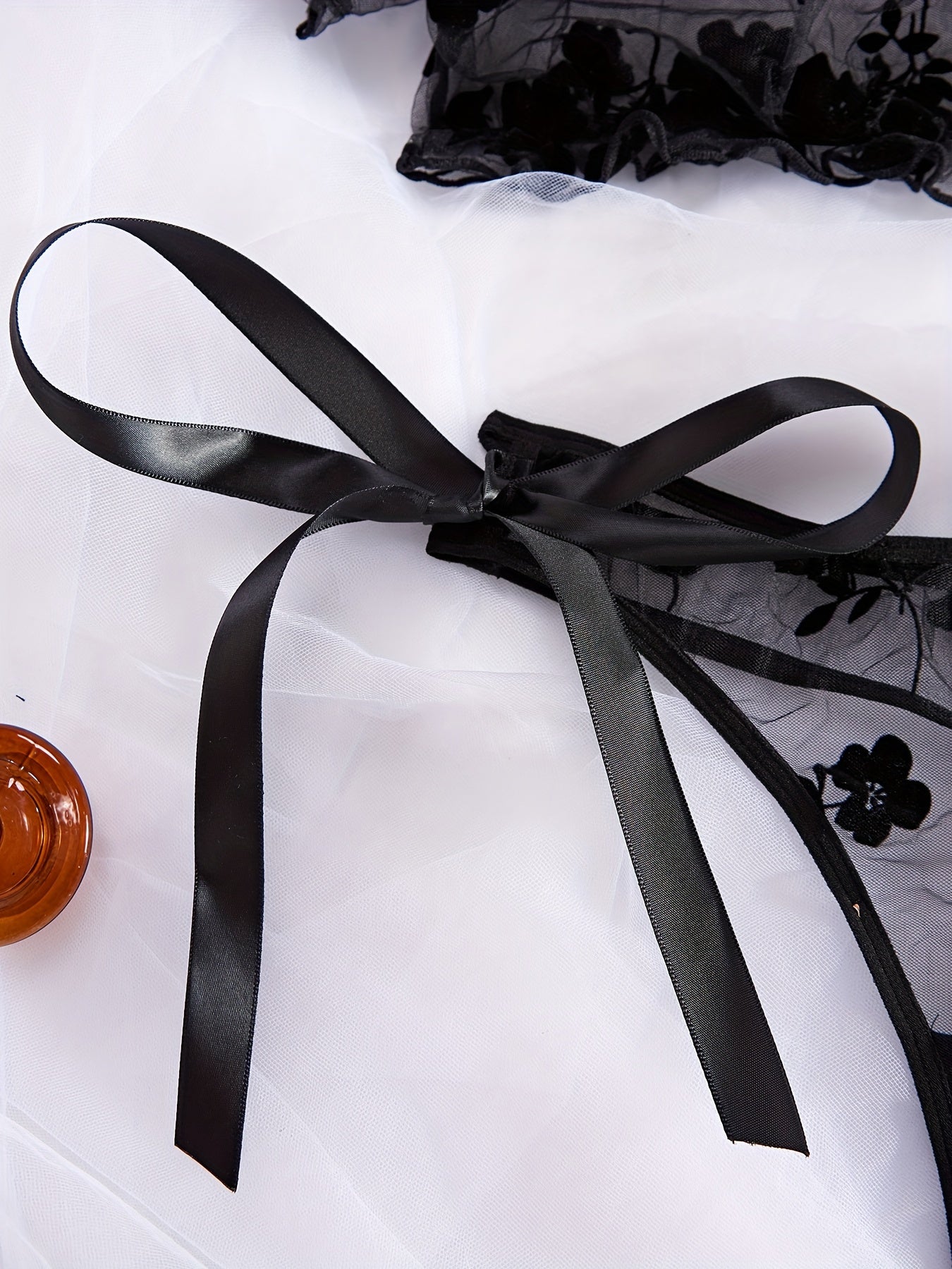 Women's Floral Mesh Lingerie Set with Off-Shoulder Top and Tie Side Thong