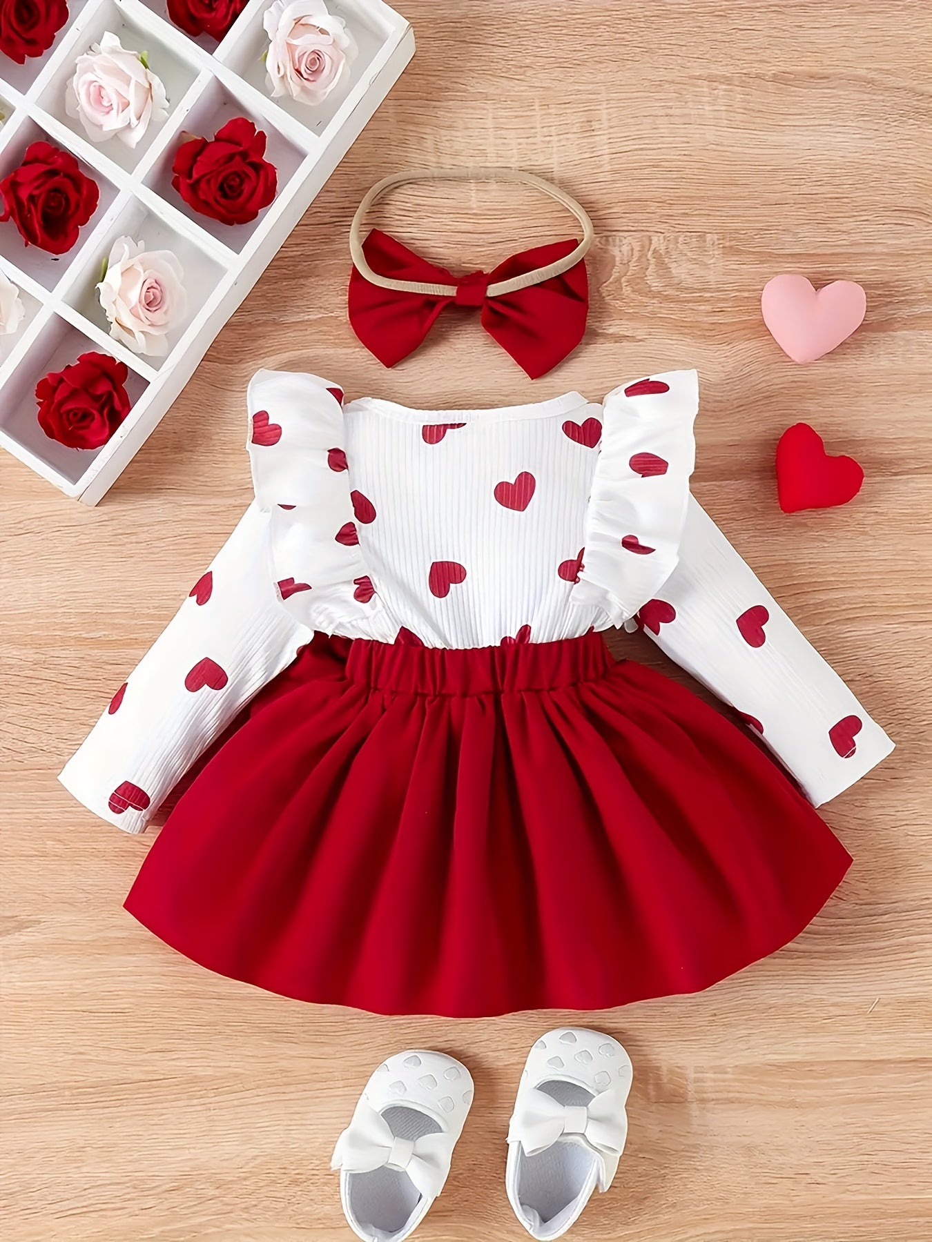Baby Girl Valentine's Day Dress with Lace Big Bow Love Print and Headwear