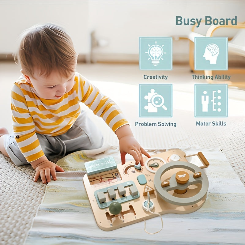 Wooden Busy Board Toy for Kids Age 18 Months Plus with Vehicle Sign Recognition and Motor Skills Development in Light Green Blue Yellow