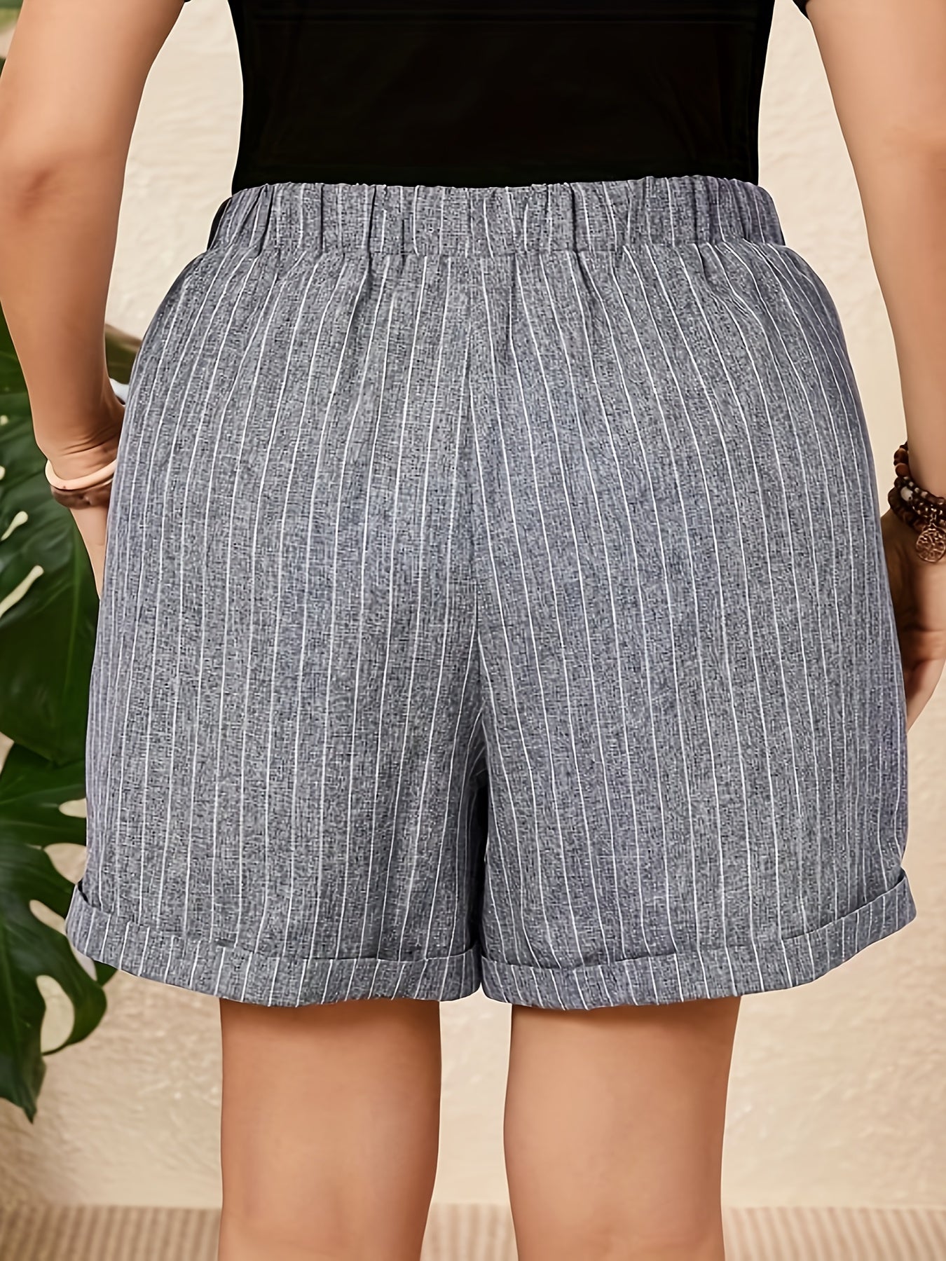 Pantalones cortos casuales de pierna ancha a rayas para mujer, poliéster, spandex, falso cordón