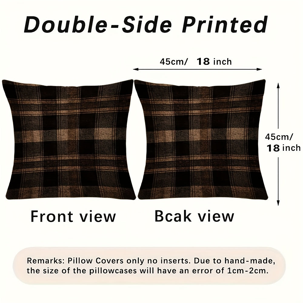 Dark Brown Plaid Pillow Cover with Hidden Zipper Polyester Fabric for Sofa and Chair