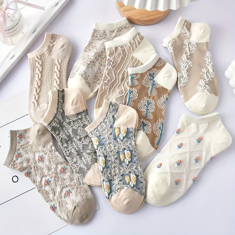 Women Floral Print Socks 9 Pairs Low-Cut Ankle Retro Lightweight Cotton