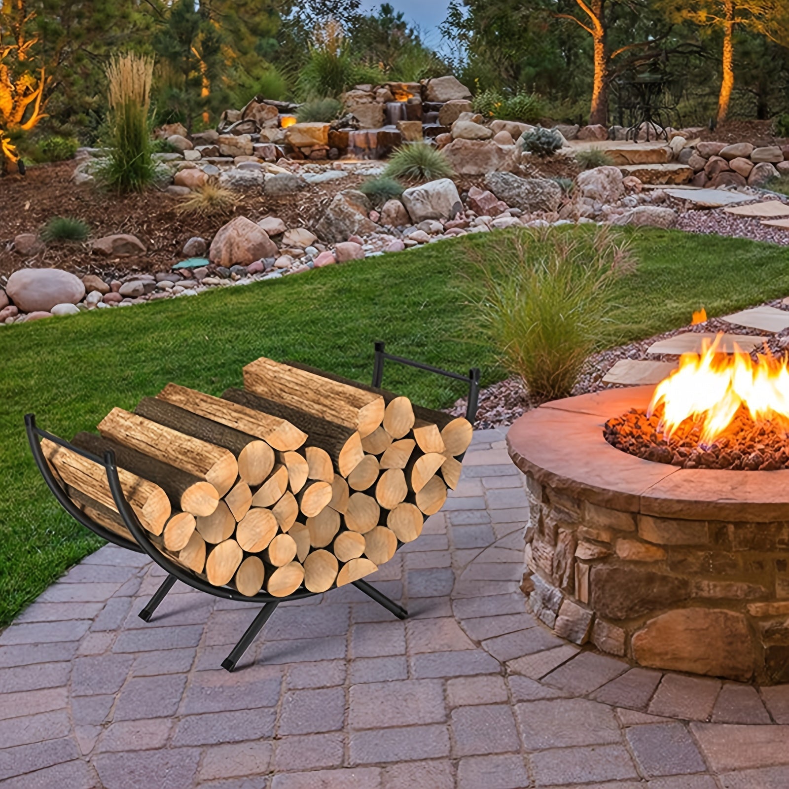Metal Firewood Rack Curved Waterproof Rustproof Indoor Outdoor Log Holder