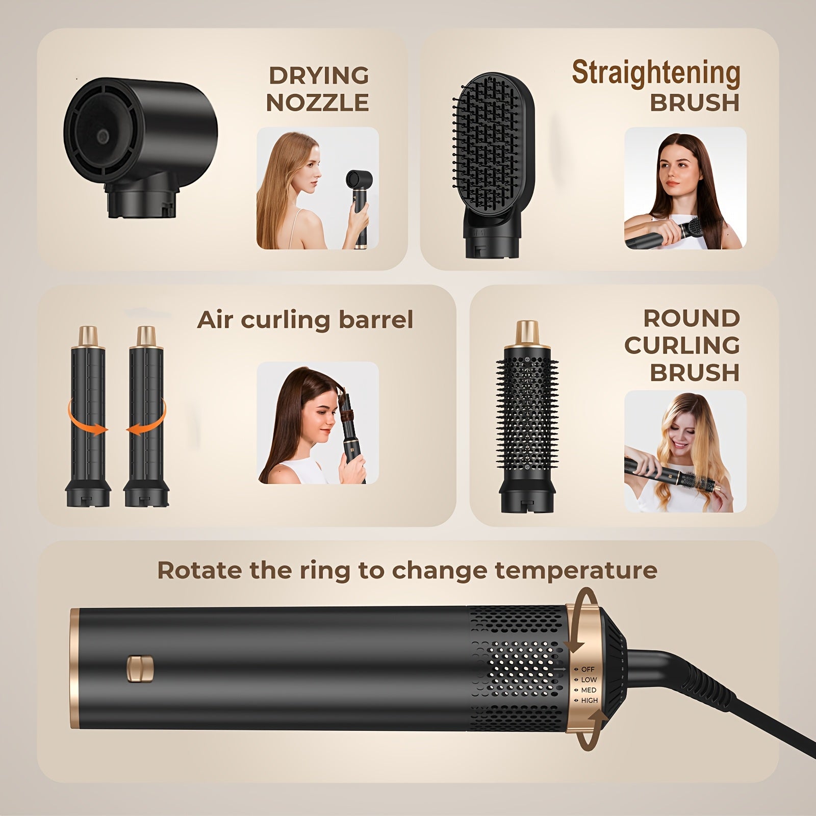 5-in-1 Hot Air Comb Set Hair Dryer Curling Iron Straightening Brush with Accessories