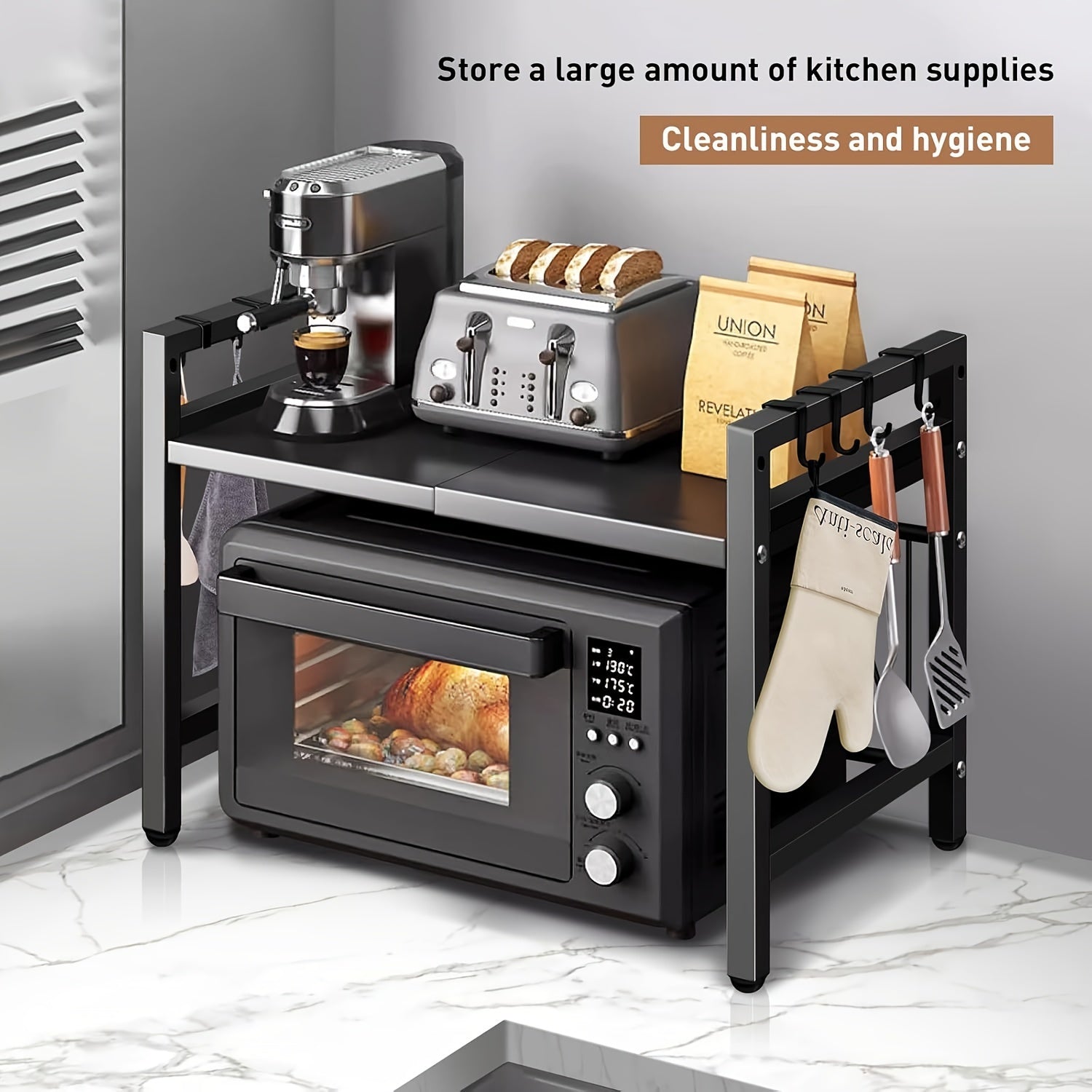 WONGIRL Retractable Microwave Stand with Storage and Hooks for Countertops.