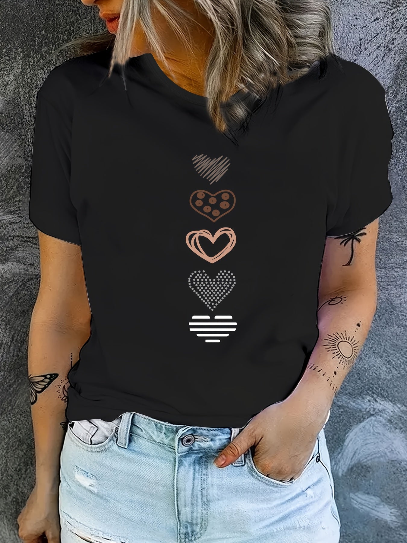 Plus Size Women's Casual T-Shirt with Heart Glitter Print, Striped, Breathable