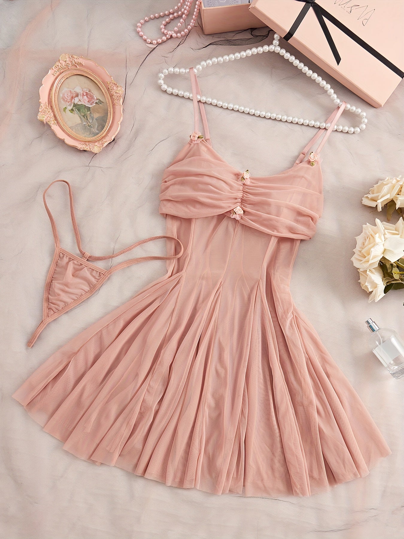 Women's Sexy Lingerie Set with Thong Skirt and Panties Black Satin