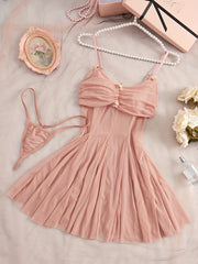 Women's Sexy Lingerie Set with Thong Skirt and Panties Black Satin