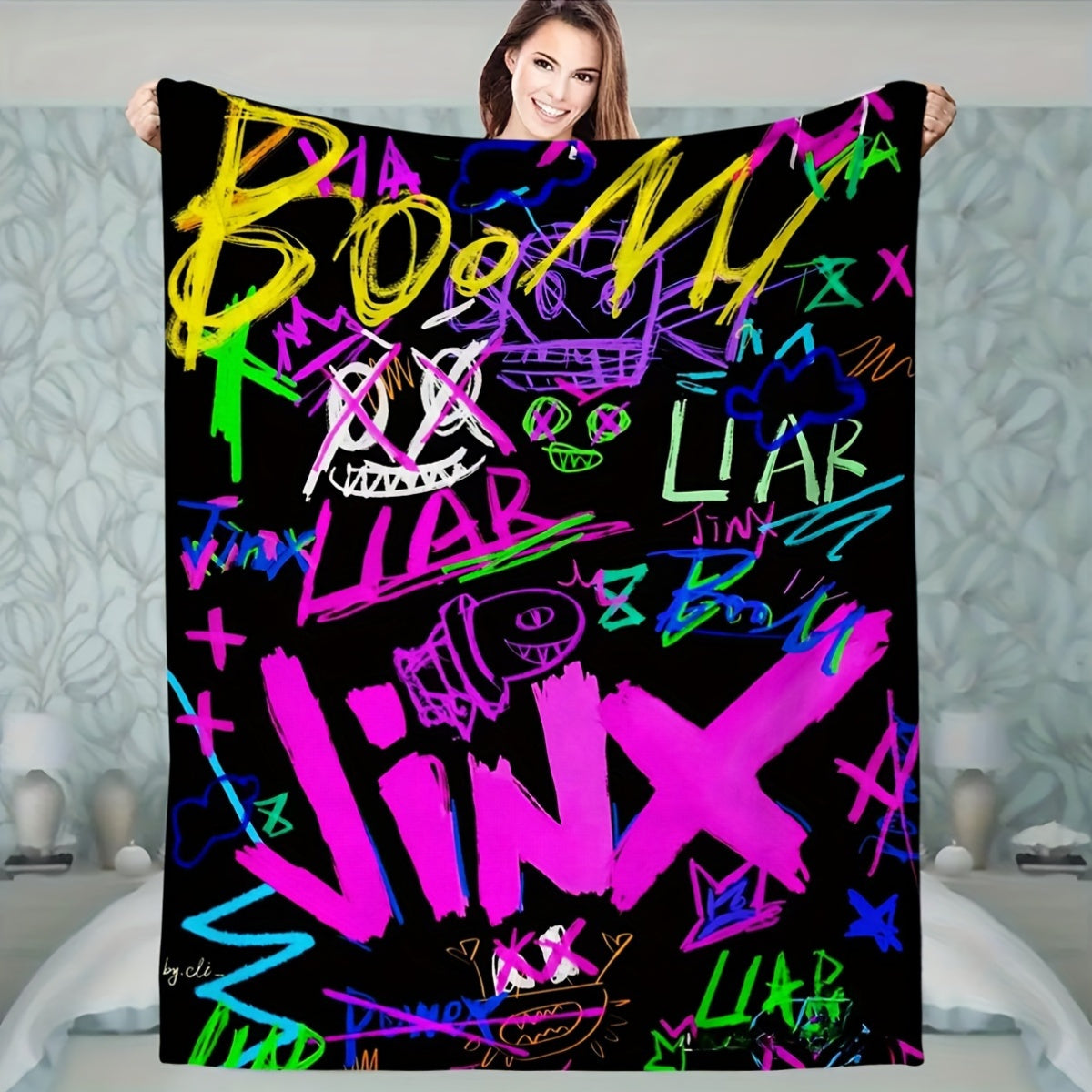 Contemporary Graffiti Style Flannel Throw Blanket Lightweight Stain-Resistant for Couch Travel Camping