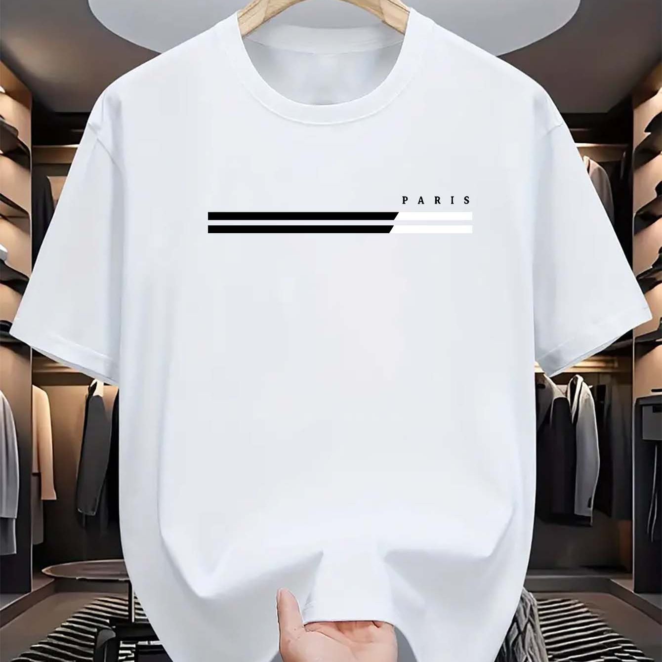 Erkaklar uchun tasodifiy krujka bo'yinli T-ko'ylak, 100% polyester to'qilgan matodan tayyorlangan. Ozgina cho'zilishi, qisqa yenglari bor va kattalar uchun zamonaviy va ko'p maqsadli.