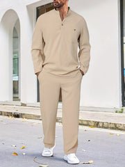 Men's Polyester Casual Sweatsuit with Collared Neck Solid Color Regular Fit Spring Fall