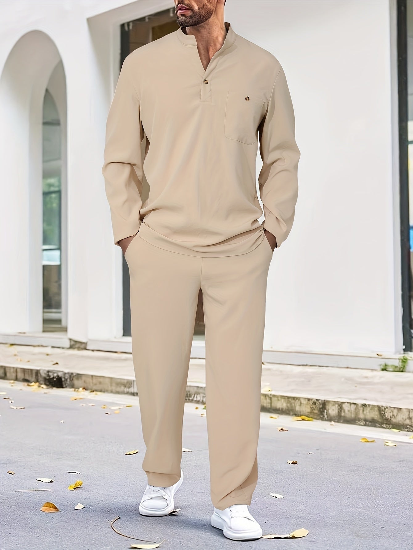 Men's Polyester Casual Sweatsuit with Collared Neck Solid Color Regular Fit Spring Fall