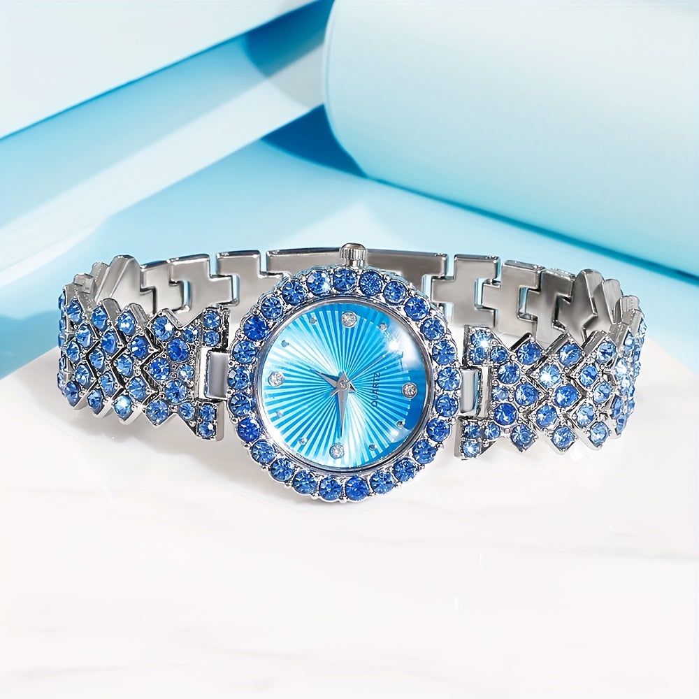 Women's Quartz Watch and Heart-Shaped Gemstone Jewelry Set in Blue Crystal with Zinc Alloy Band