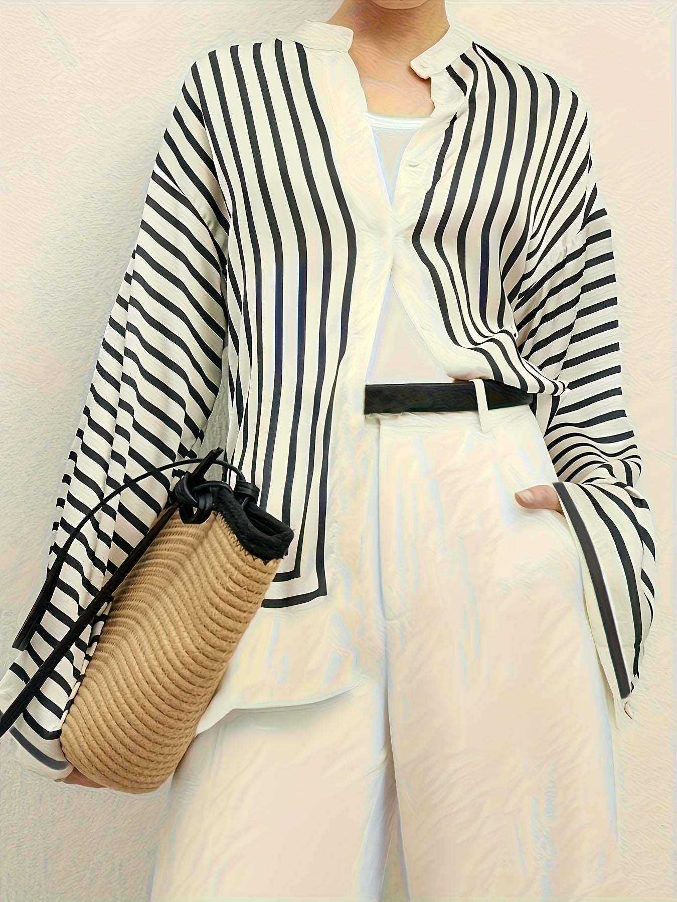 Women's Striped Button-Up Shirt Black White Long Sleeve Casual Formal Top