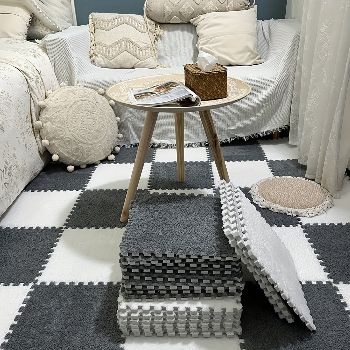 Set of 12 Furry Foam Splicing Carpets for Bedroom Living Room Large Area