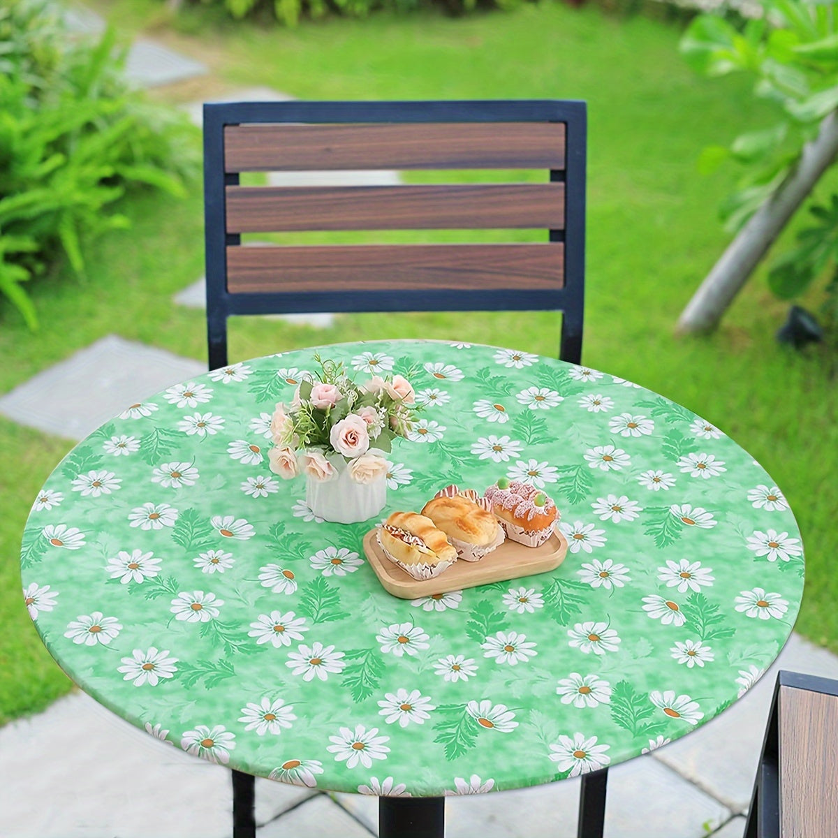 Vinyl Fitted Round Tablecloth with Elastic Edge and Flannel Backing Blue