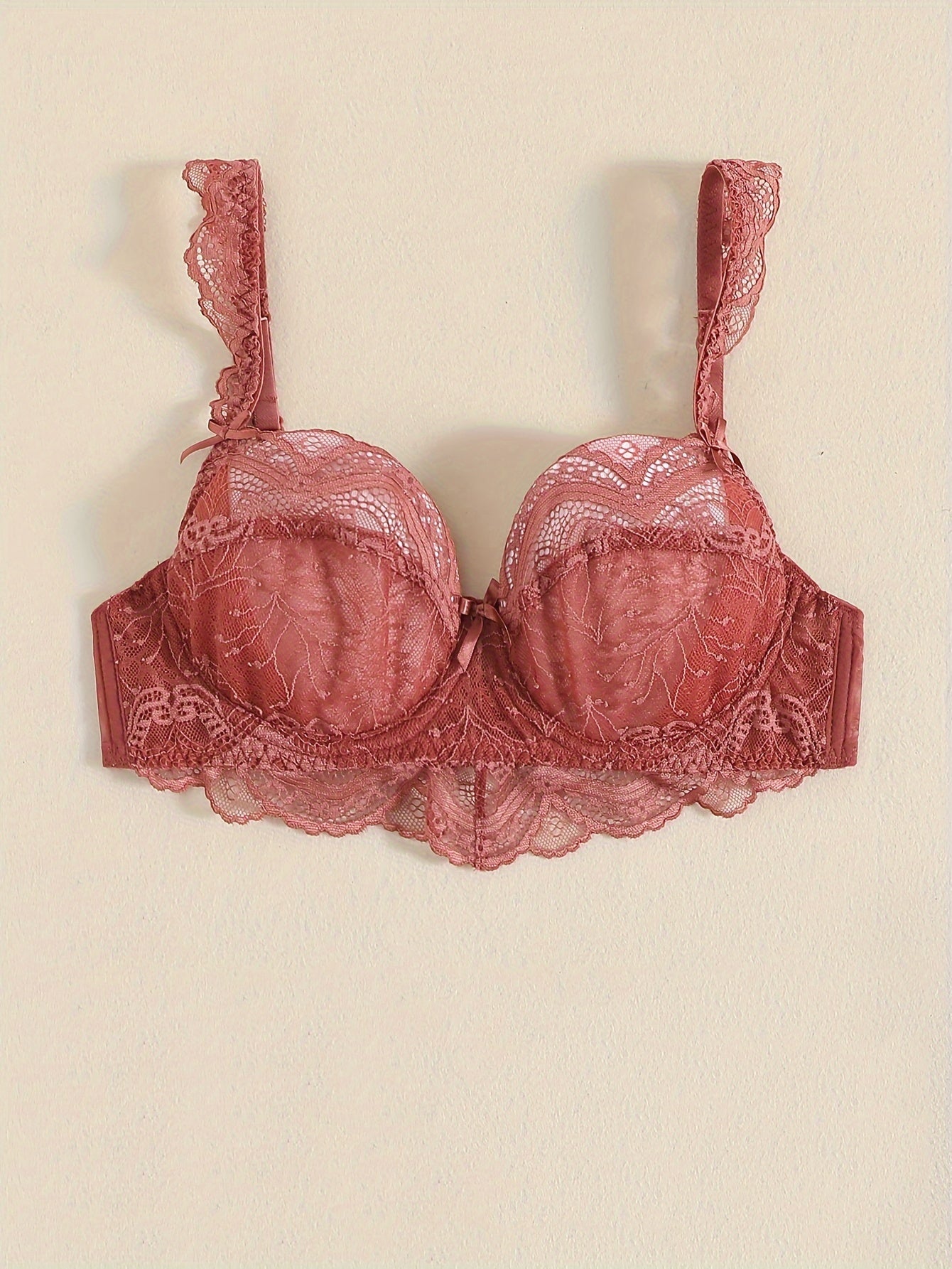 Plus Size Lace Lingerie Set with Bow and Spaghetti Strap Solid Color High Stretch