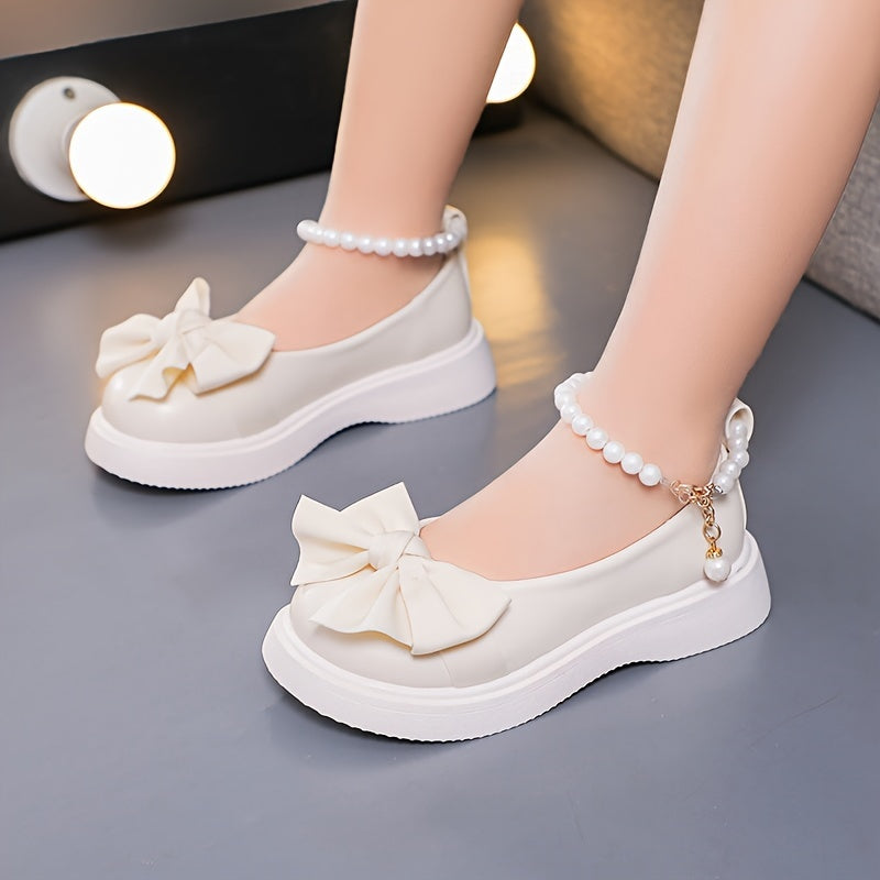 Zapatos de niña Mary Jane con lazo y decoración de perlas para primavera y otoño