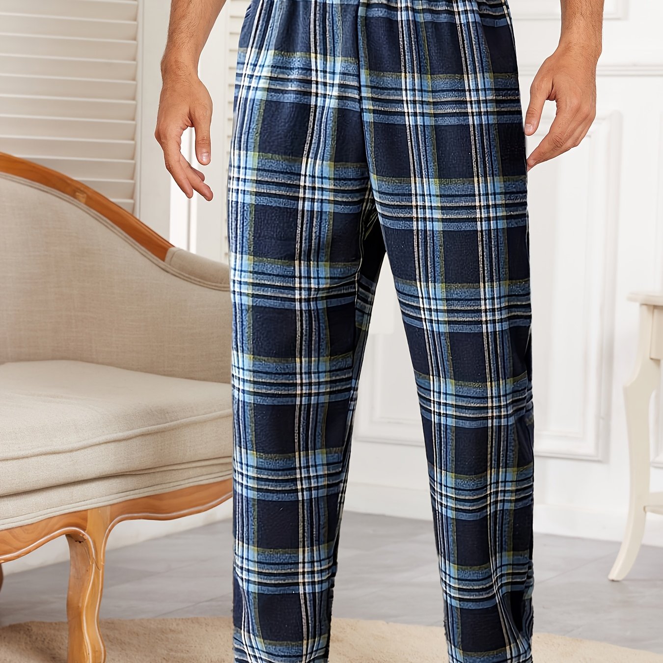 Men's Plaid Lounge Pants Fall Winter Polyester Blend Elastic Waist Casual Sleepwear Blue and White