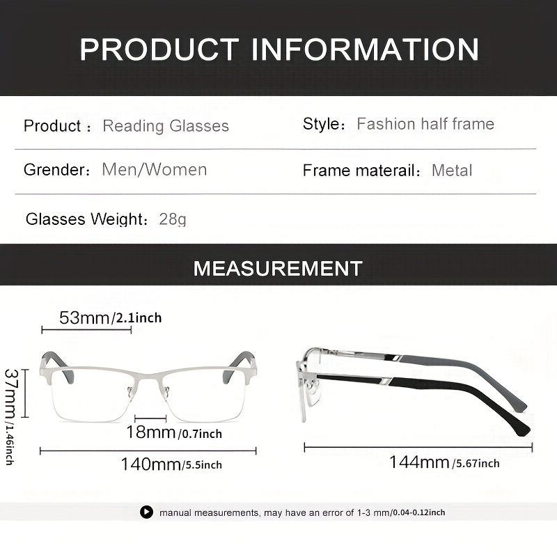 Erkaklar uchun yarim ramkali metall o'qish ko'zoynaklari uzoq ko'rish va kompyuter ishlatish uchun, charchashga qarshi xususiyatlar bilan