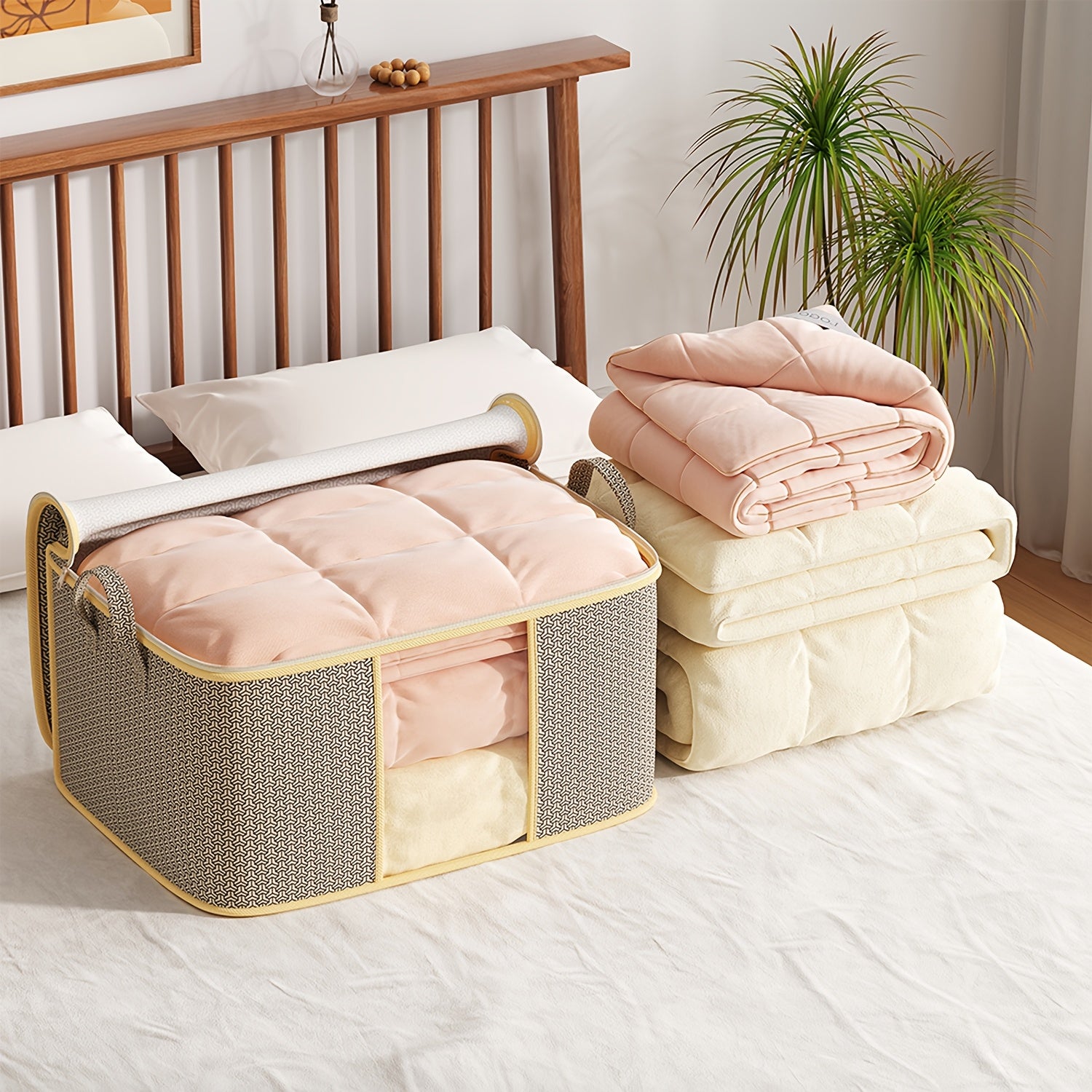 Extra Large Foldable Storage Bag Non-Woven Fabric with Reinforced Handles and Zipper for Clothes and Bedding