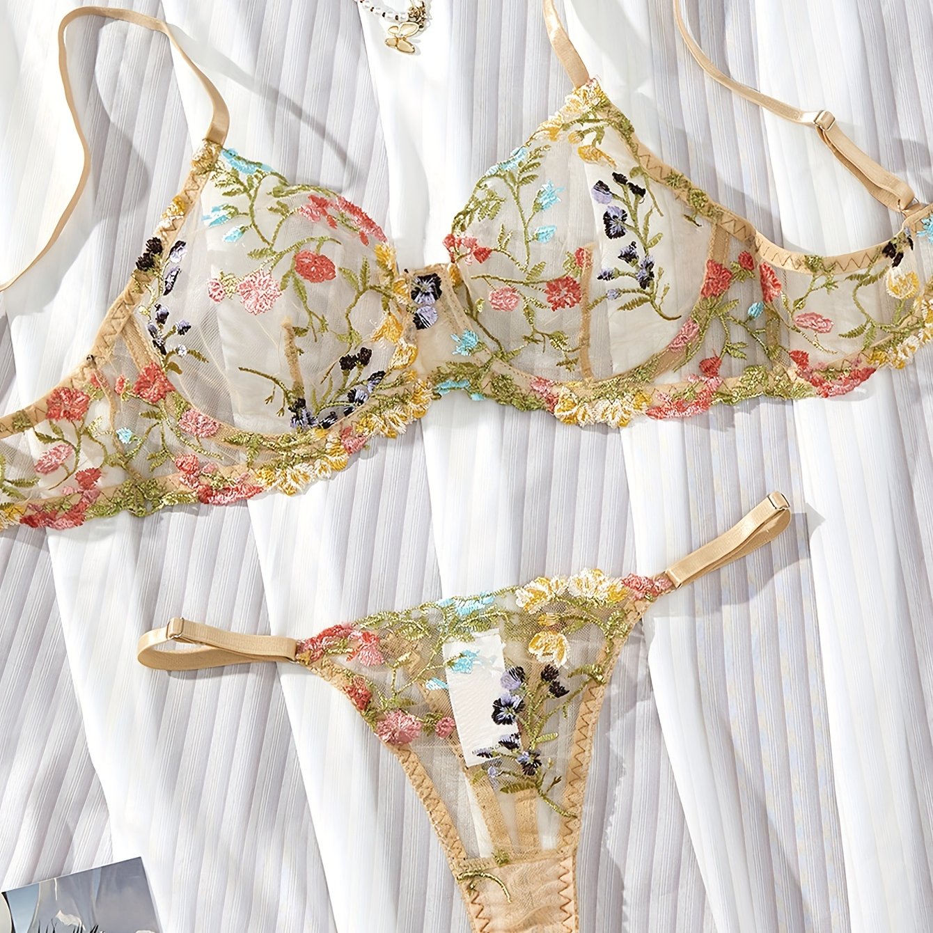 Women's Semi-Sheer Floral Embroidery Lingerie Set