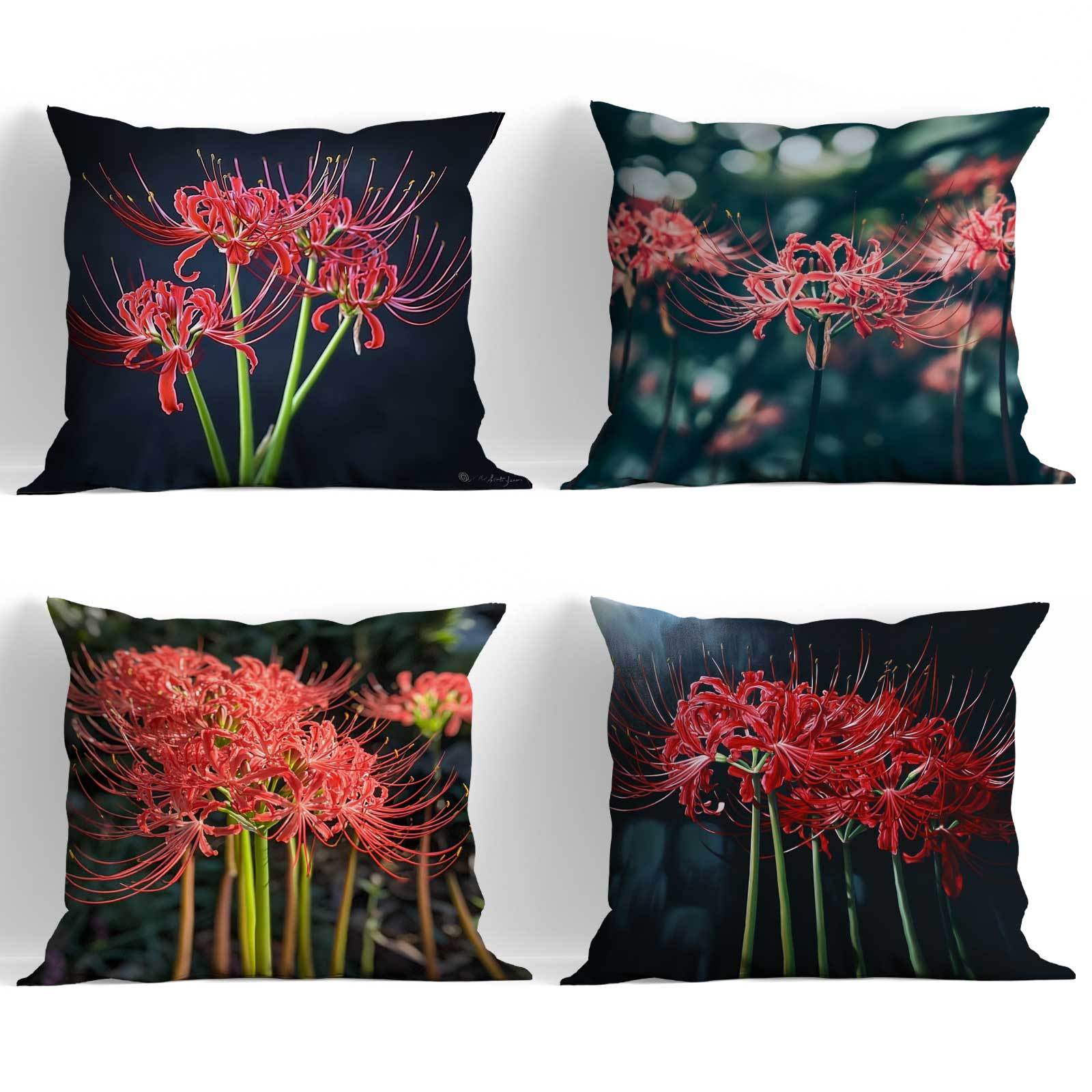 Set of 4 Red Floral Throw Pillow Covers with Zipper Closure Machine Washable for Sofa Bed Patio