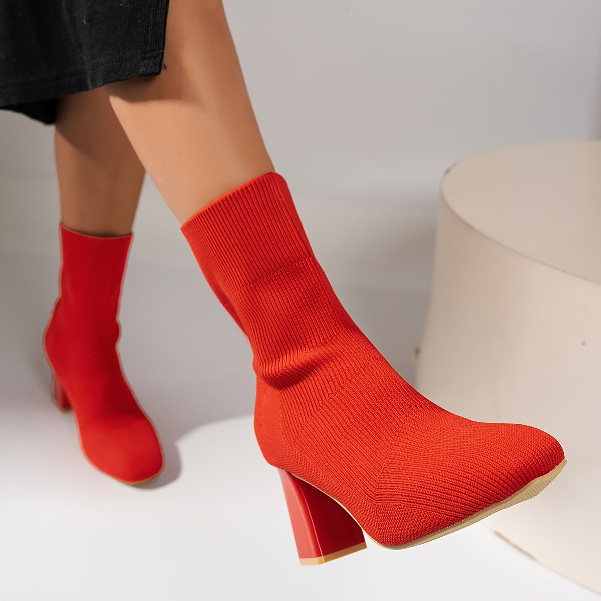 Women's Knitted Slip-On Boots with Chunky Heel and Point Toe