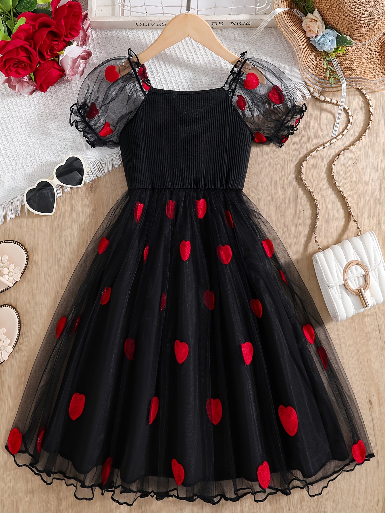 Girls' Summer Black and Red Heart Mesh A-Line Dress for Parties and Outings