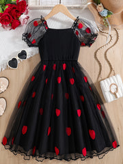 Girls' Summer Black and Red Heart Mesh A-Line Dress for Parties and Outings