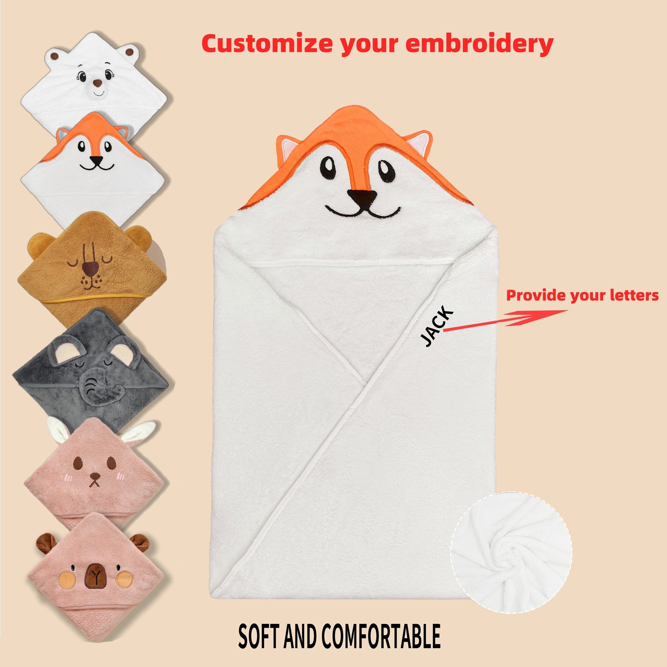 Personalized Kids Hooded Bath Towel with Embroidered Name Soft Polyester Gray Pink White Blue