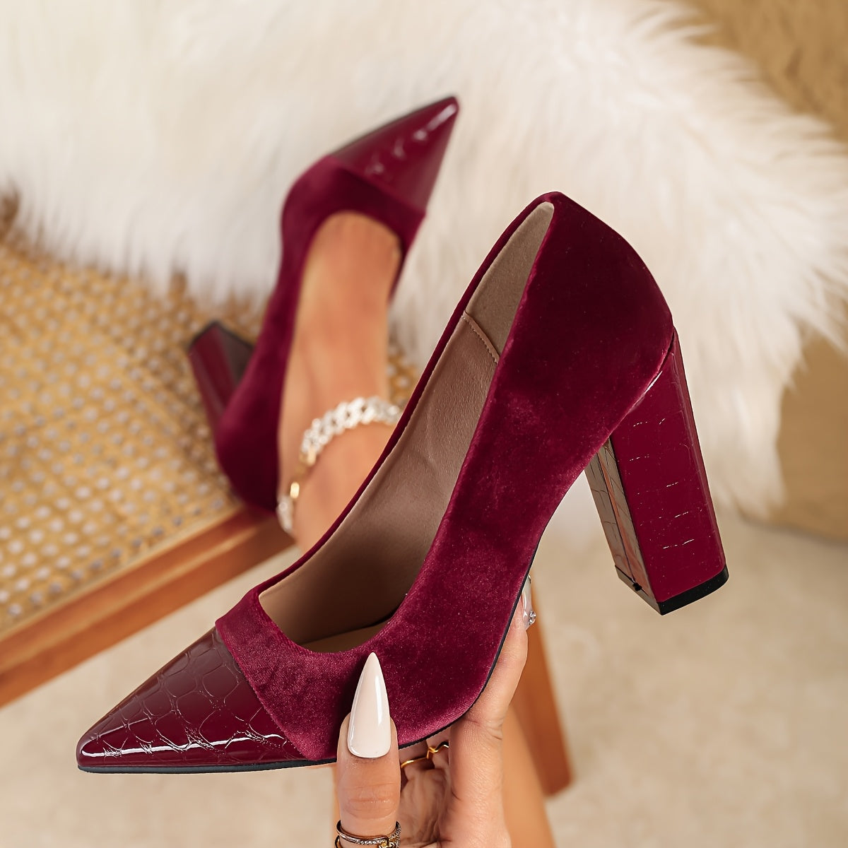 Women's Faux Leather Chunky Heel Pumps Pointed Toe Slip-Resistant Sole