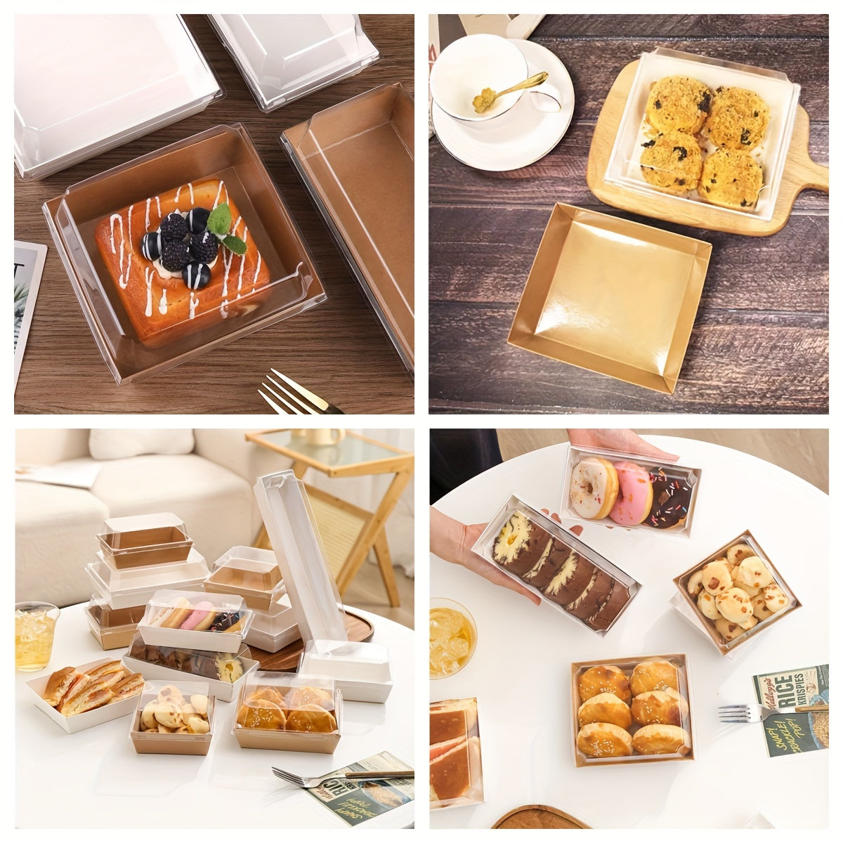 Cajas de papel kraft cuadradas con tapas transparentes para pasteles, galletas y postres