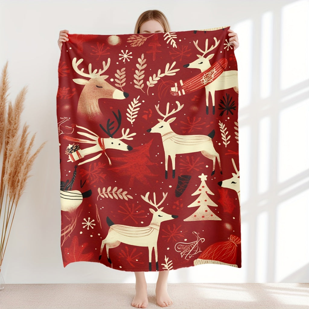 Red Christmas Reindeer Flannel Throw Blanket Soft Warm Cozy for Sofa Bed Camping