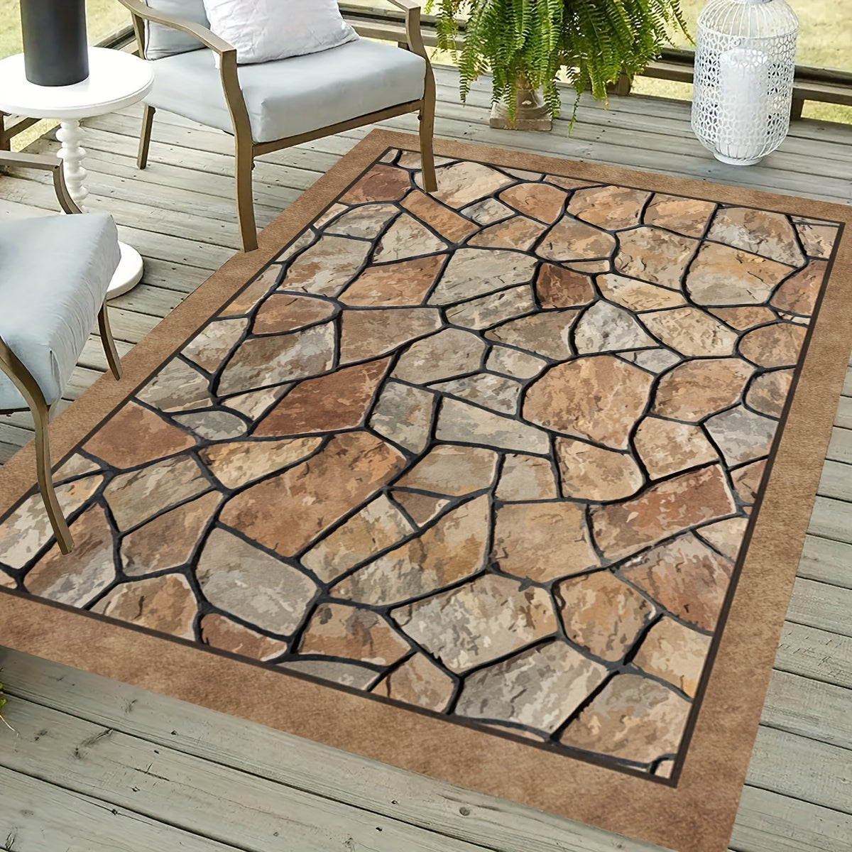Stone Pattern Outdoor Patio Rug Water-Absorbent Stain-Resistant Polyester Braided Deck Carpet for Camping RV Sunroom Living Room