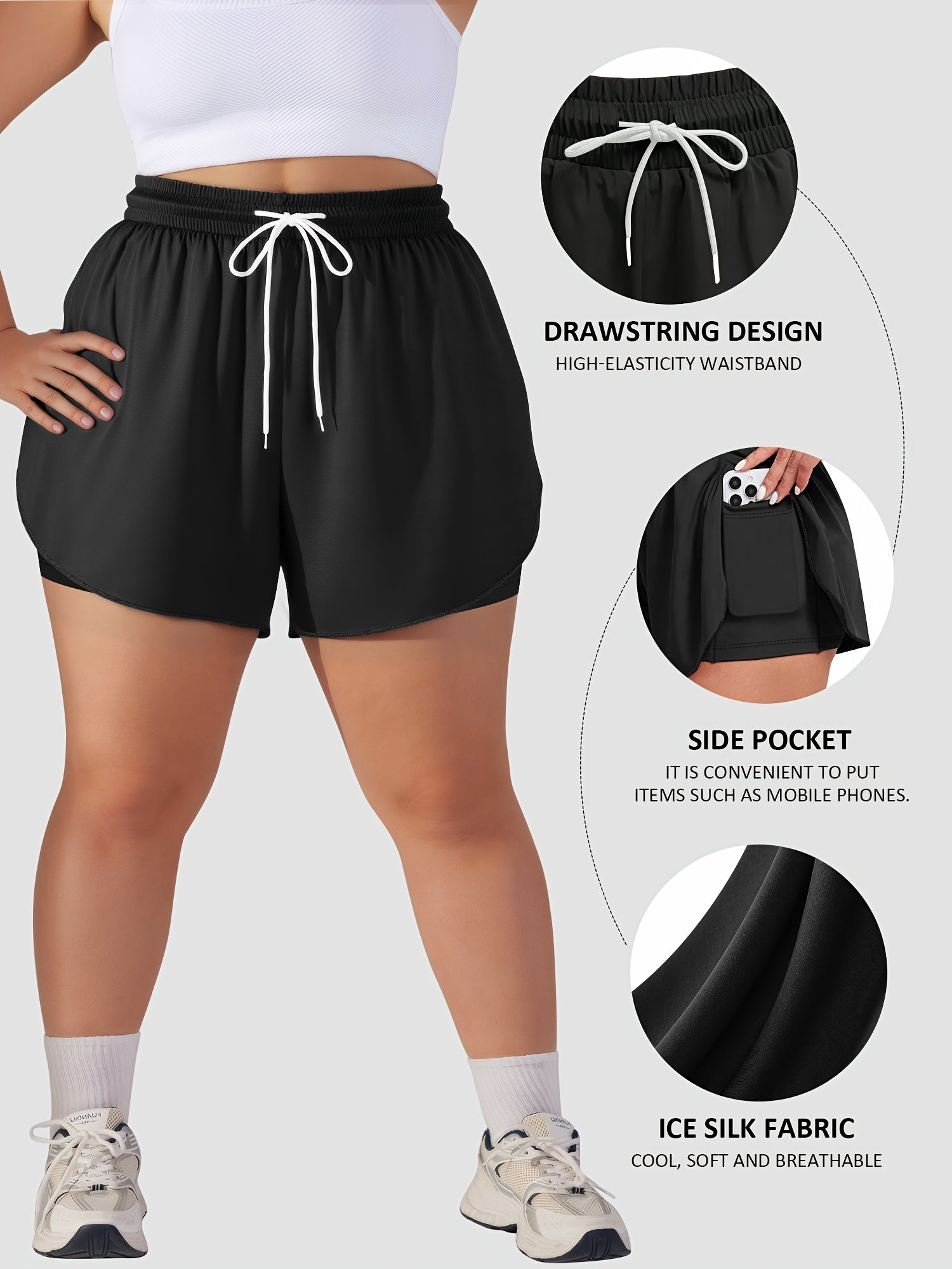 Plus Size Women's High-Elastic Ice Silk Sports Shorts with Drawstring Waist