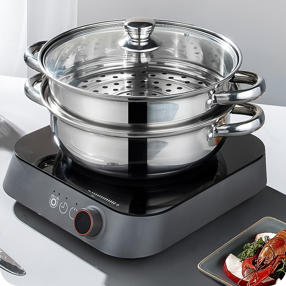 Stainless Steel 2-Tier Steamer Set with Glass Lid for Food and Vegetables Kitchen Cookware