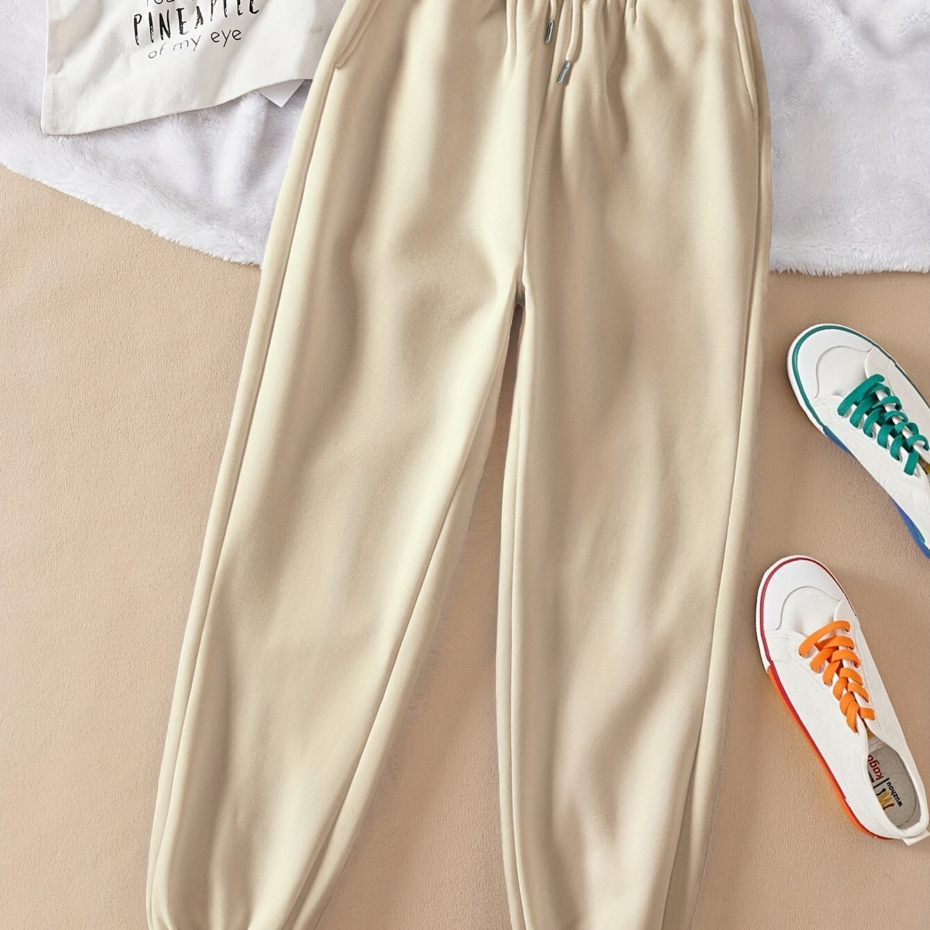 Women's Solid Color Casual Jogger Pants with Elastic Waistband and Drawstring