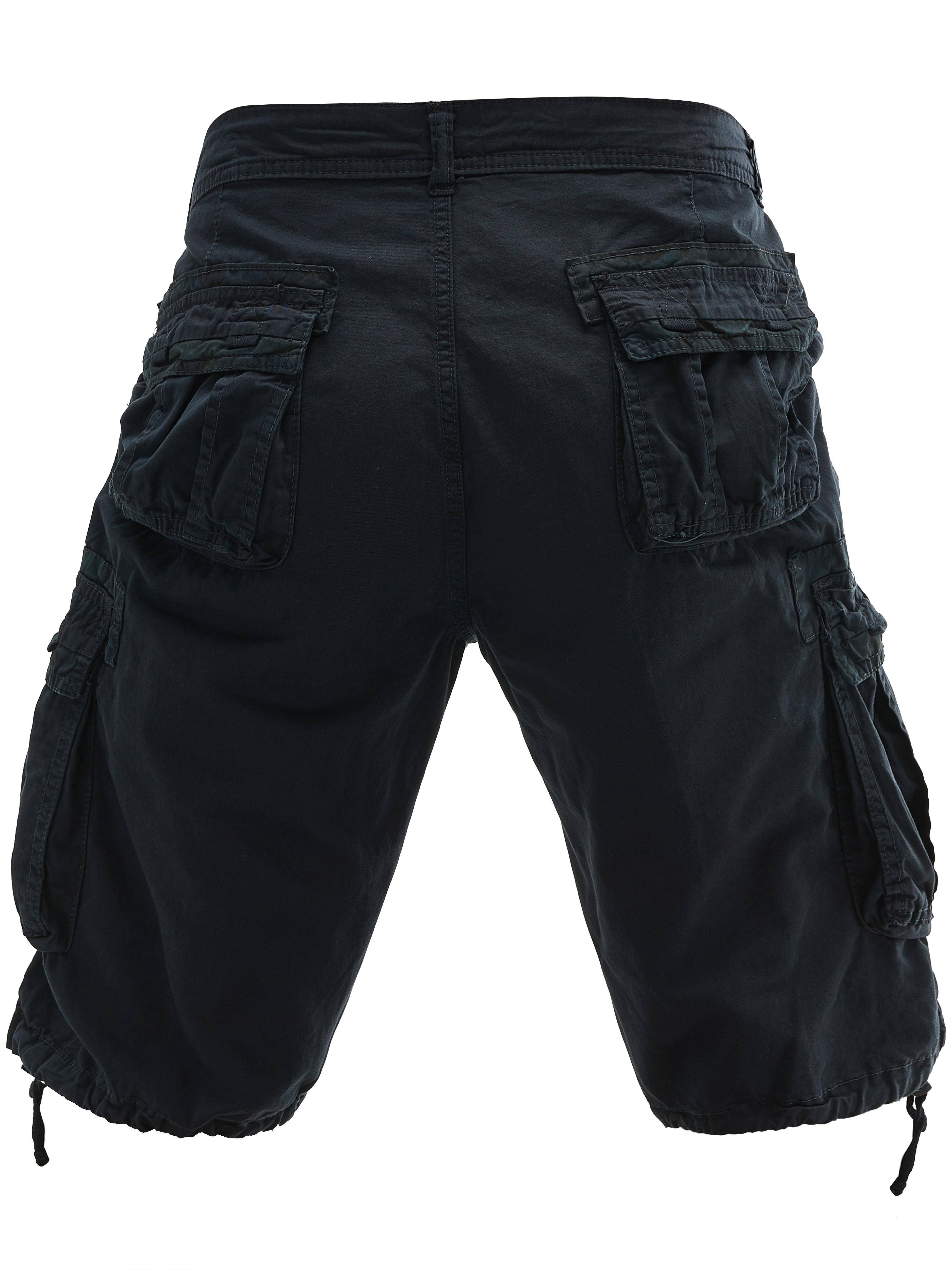 Erkaklar uchun katta o'lchamdagi paxta kargo shortlari, bir rangli ko'cha uslubida, bir nechta cho'ntaklar bilan va oddiy moslashuvda. Cho'zilmaydigan to'qilgan mato.