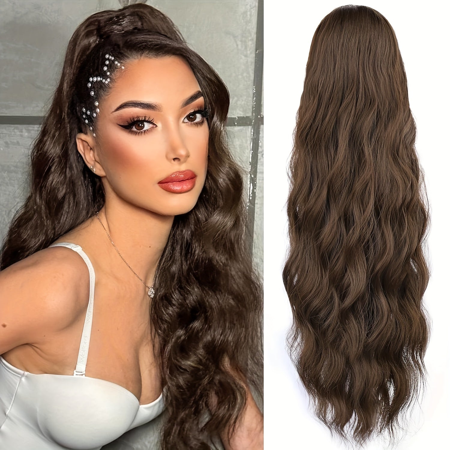 Women's 24-Inch Long Wavy Synthetic Ponytail Extension Drawstring Deep Wave