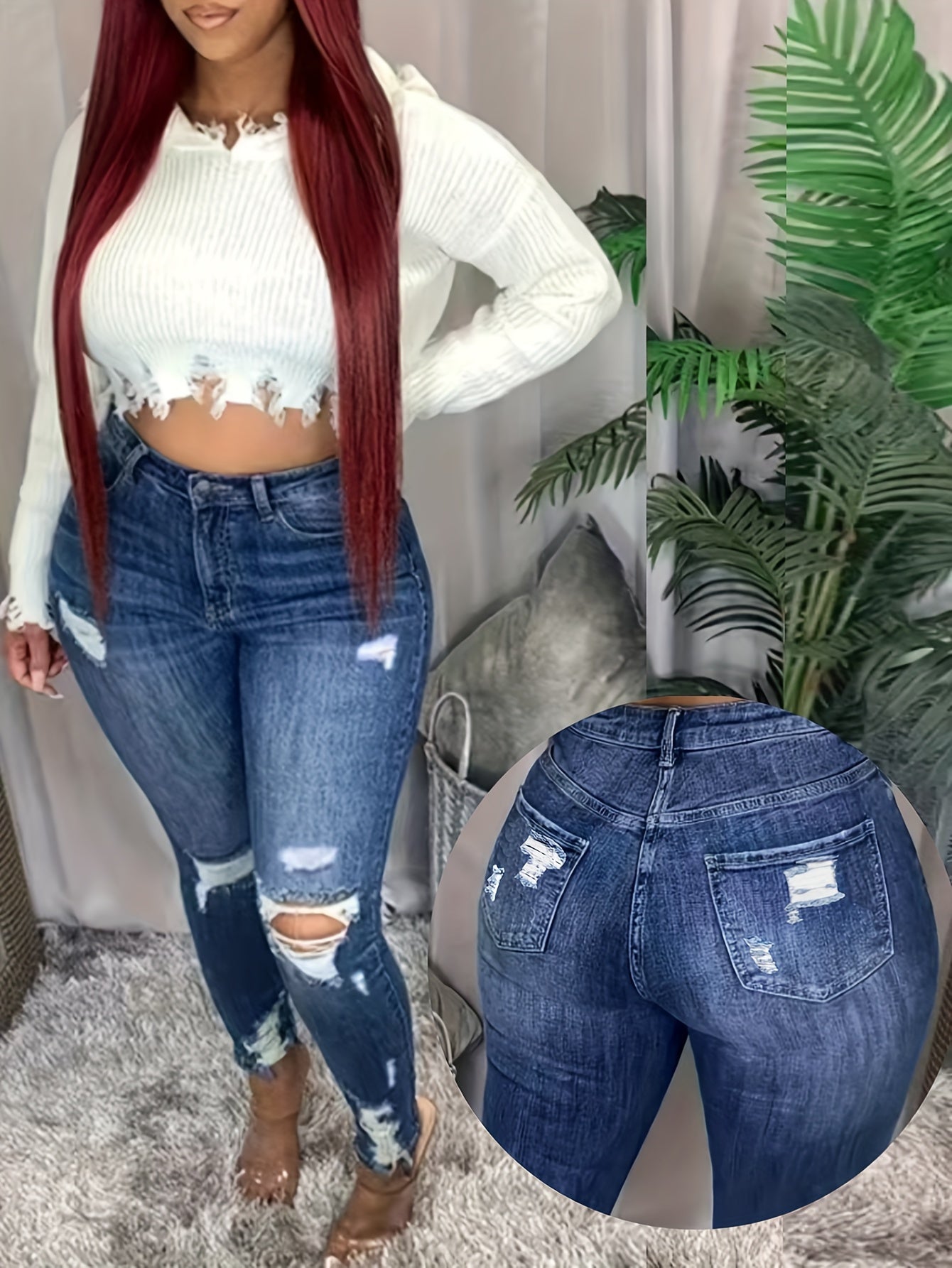 Women's Plus Size High-Waisted Skinny Jeans Ripped Tummy Control All-Season