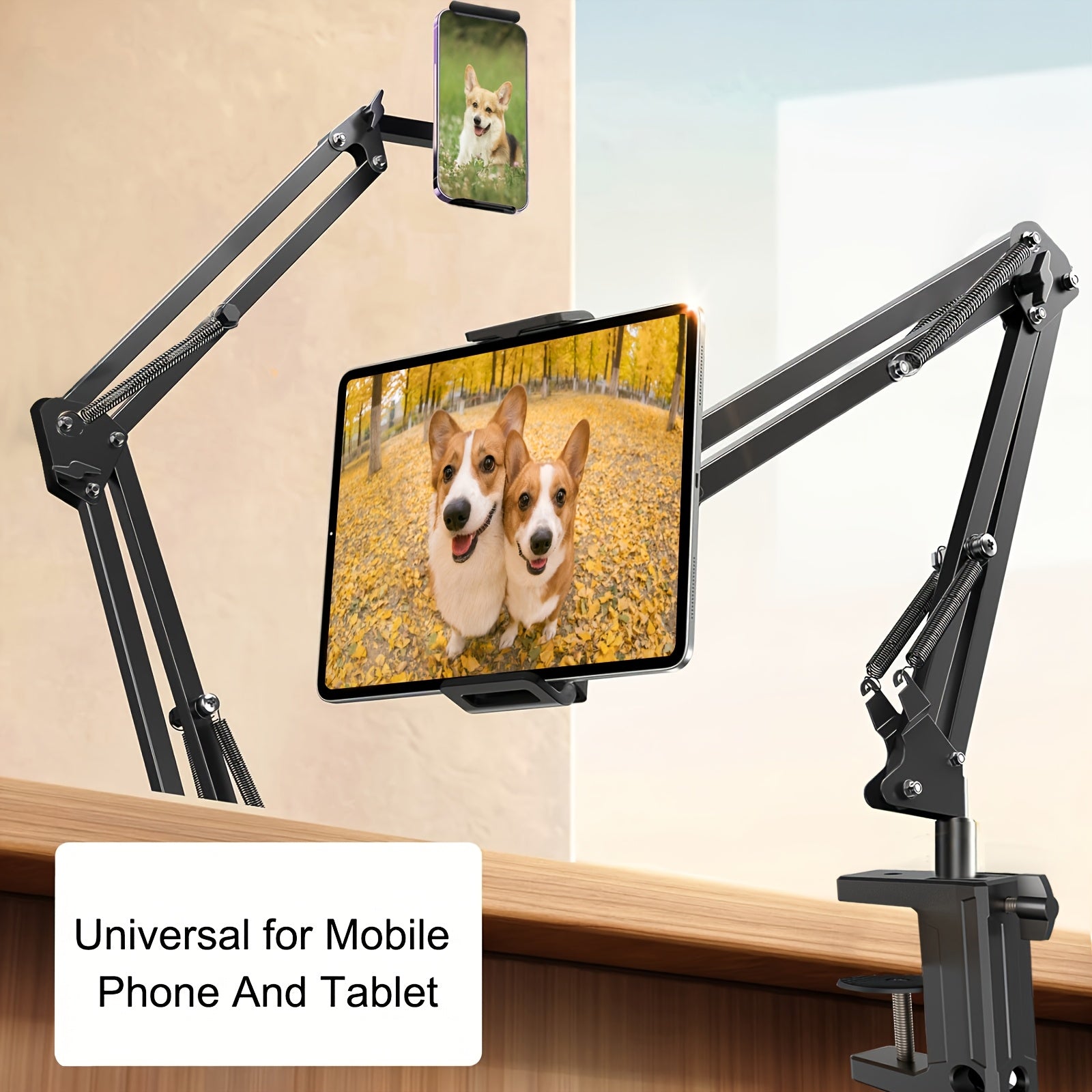 Soporte ajustable para tableta y teléfono en cuello de cisne de acero al carbono, rotación de 360°, resistente al agua, para cama, negro