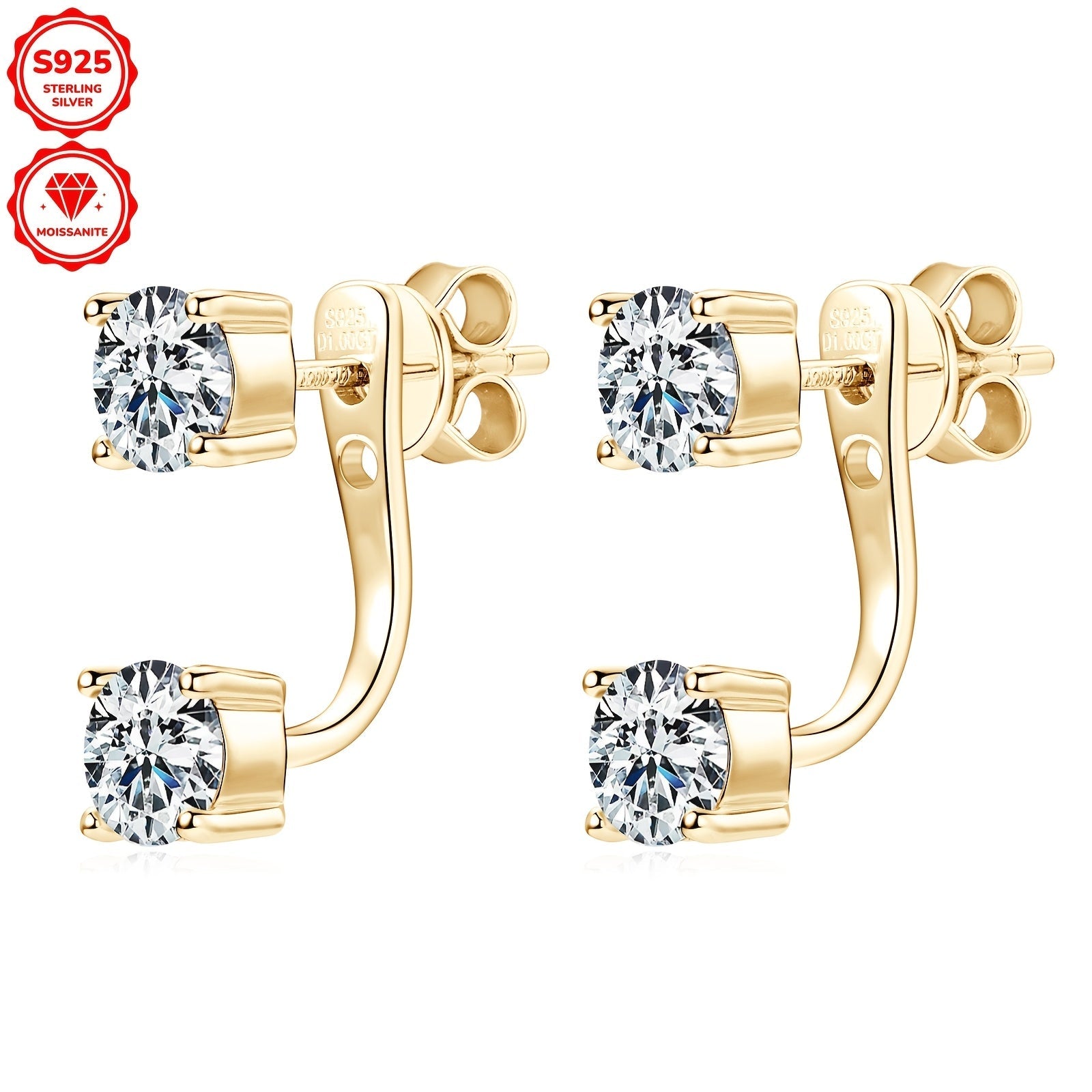 Sterling Silver Moissanite Drop Earrings with Gold Plating 4mm 2.0ct Synthetic Gift