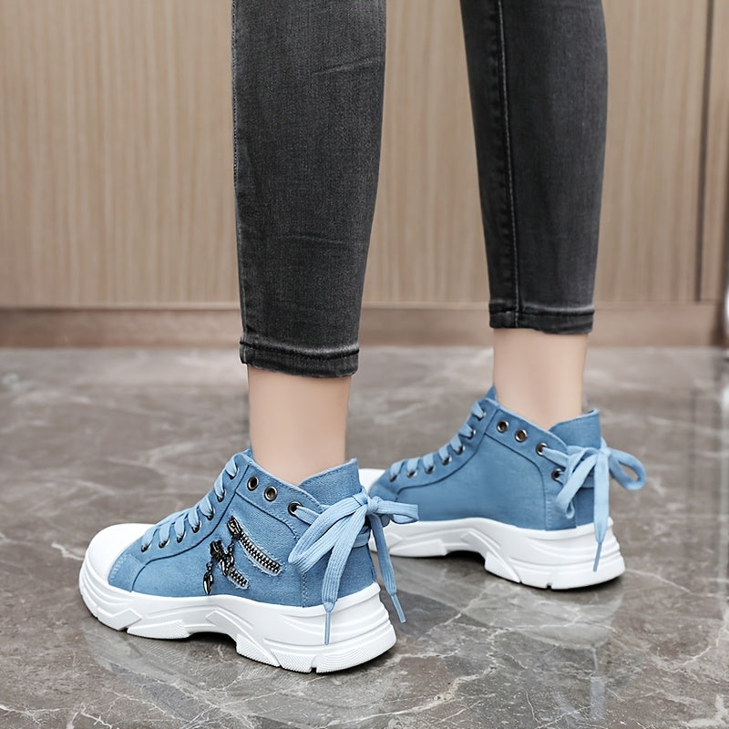 Zapatillas deportivas altas para mujer con lazo, transpirables, blanco y azul