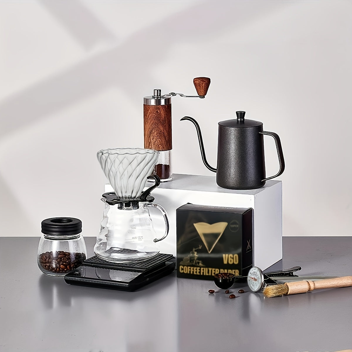 Portable Stainless Steel Battery-Operated Coffee Maker Set with Press and Dispenser