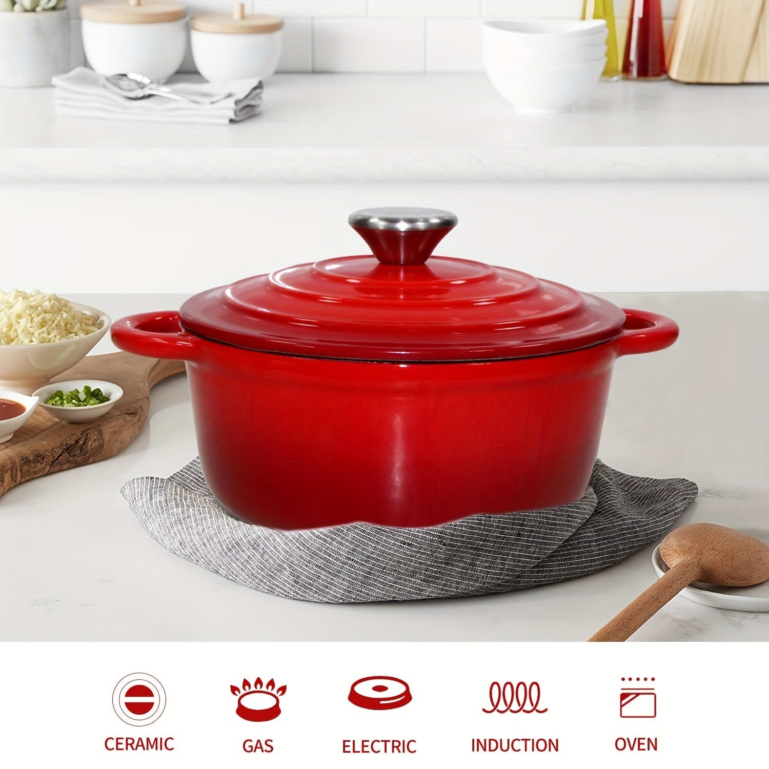 Красная 2 QT эмалированная чугунная голландская печь с крышкой, с двумя ручками - 20,32 см тяжелая кастрюля, идеальная для выпечки, рагу и супов. Непригарная, круглая посуда, идеально подходящая для домашних кухонь.