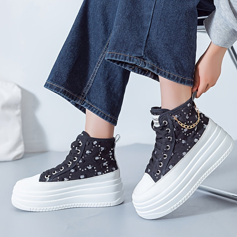 Women's High-Top Sneakers - Black White Blue with Gold Chain Casual Shoes