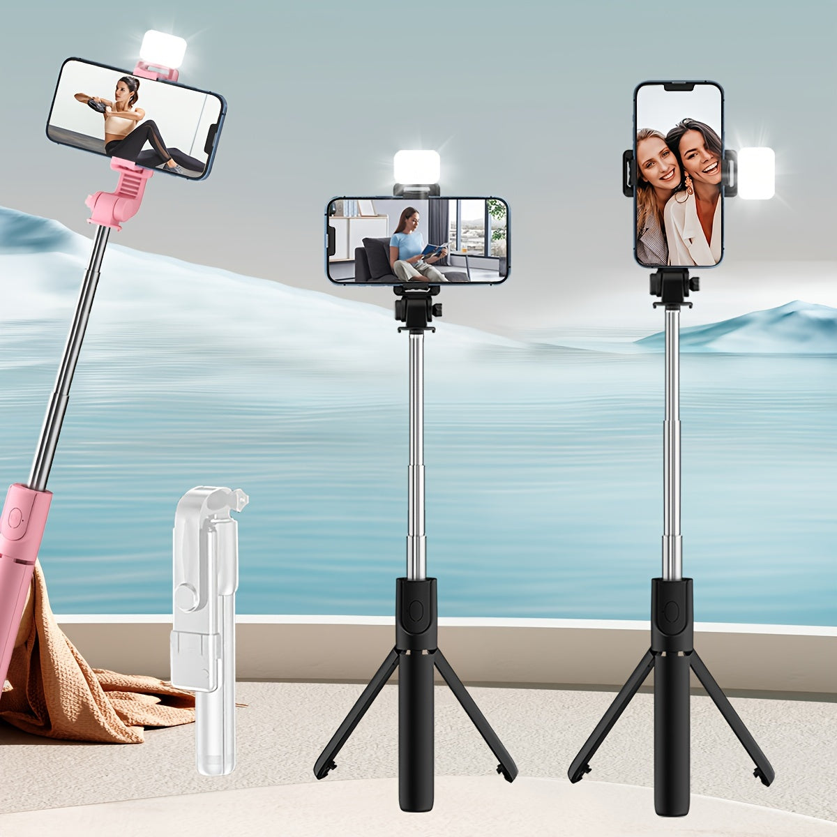 Telescopic Selfie Stick Tripod with 360 Degree Rotation Fill Light and Multi-Functional Support Stand