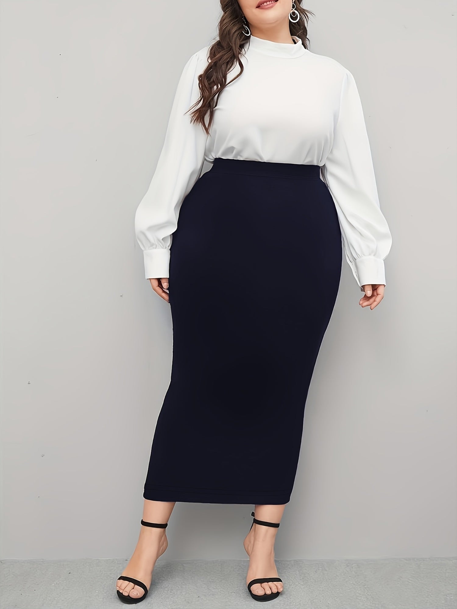 Plus Size Midi Pencil Skirt Polyester Knit Solid Color Straight Cut
